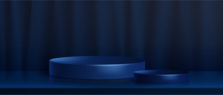 3d dark blue podium. Product display platform. Abstract studio room with empty stage. Navy circle pedestal on floor. Luxury realistic presentation banner interior mockup with curtain on background.のイラスト素材