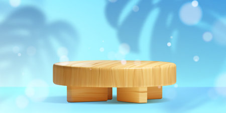 3d wooden podium on blue background. Wood round platform with beauty nature shadow. Empty cosmetic product display stand. Abstract minimal studio showcase with blank cylinder board and tropical leafのイラスト素材