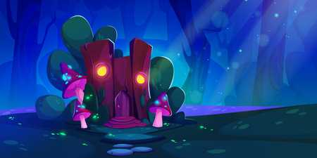 Fantasy fairytale gnome or animal house made from wood stump with light in windows at night. Cartoon vector magic forest landscape with tiny elf home with mushrooms and glow elements under moonlight.のイラスト素材
