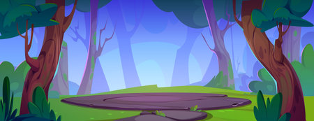 Arena field in forest with tree and grass nature landscape. Summer cartoon podium in outdoor park environment. Adventure game foliage panorama wallpaper with glade for battle. Fantasy scene designのイラスト素材