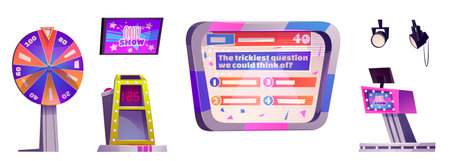 Quiz game show stage. Tv contest studio vector cartoon. Trivia program host podium and screen with word. Talent live event interior elements set on white background. Guess tournament media projectのイラスト素材