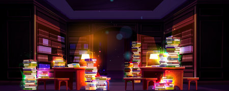 Magic school library room interior with fantasy wizard book on bookcase. Mystery fairytale classroom to study spell with literature. Vintage underground dungeon drawing with secret script glowのイラスト素材