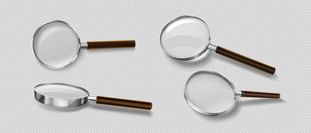 Realistic magnify glass to zoom and search vector. Isolated loupe tool icon for focus with lens on transparent background. 3d scrutiny object to detect, research and spy with magnification vision.のイラスト素材