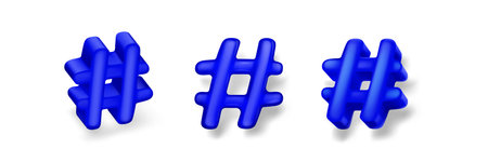 Hashtag 3D signs set isolated on white background. Vector realistic illustration of social media app or website user interface design elements in blue color, key topic symbol front and side viewのイラスト素材