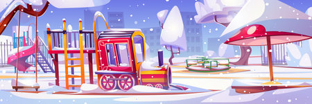 Kid playground in public city park or kindergarten yard covered with snow in winter. Cartoon vector urban snowy landscape with children swing and sandbox, carousel and slide for childhood activity.のイラスト素材
