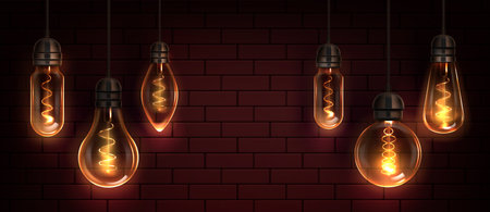 Edison bulb light. Vintage realistic filament background. 3d led retro incandescent lightbulb on ceiling. Interior design with glowing pendant hanging on cable. Dark night brick wall with illuminationのイラスト素材