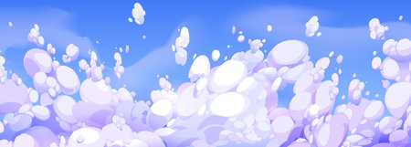 Anime style blue sky with fluffy clouds. Vector cartoon illustration of beautiful cloudscape for adventure game background, magic dream flight, heavenly cloudy backdrop, summer skies, fresh airのイラスト素材