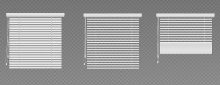Venetian window curtain. Blind jalousie shutter isolated. White roller 3d mockup for home interior. Closed and open office plastic louver design set. Detail frame for sunshade with strings collection.のイラスト素材