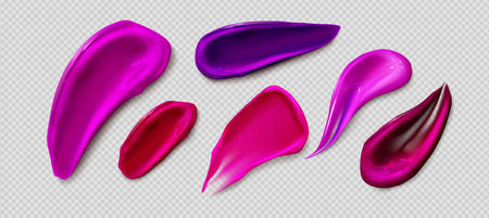 Color lip gloss smears set isolated on transparent background. Vector realistic illustration of lipstick smudge, red, pink and purple liquid paint samples, makeup cosmetic product, creamy textureのイラスト素材