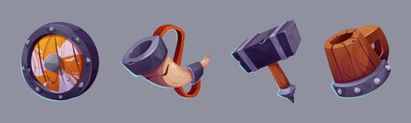 Viking game shield and fantasy rpg ui icon vector. Magic medieval weapon set for war. Ancient app interface design with stone and wood props asset illustration. Beer, horn and Thor hammer elementsのイラスト素材