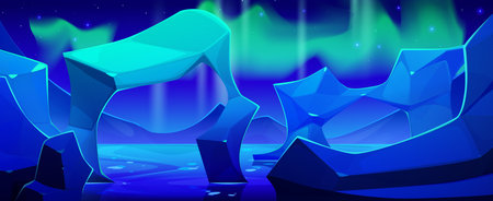 Northern aurora light. Night polar arctic borealis vector landscape. North winter and iceberg glacier abstract cartoon background. Ice arch in sea environment of Lofoten. Starry sky on fjord sceneのイラスト素材