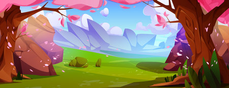 Beautiful park with sakuras and rocky stones. Vector cartoon illustration of green valley with old cherry trees in bloom, pink petals flying in air, asian natural landscape, blue sunny sky with cloudsのイラスト素材