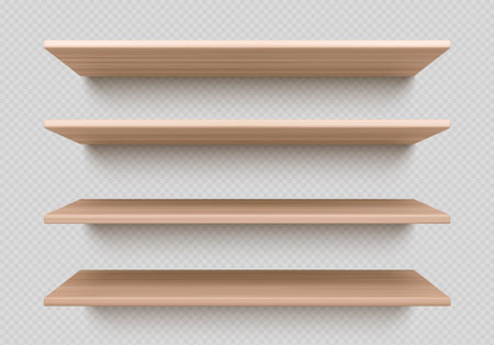 Empty wood wall shelf for book isolated vector. 3d wooden bookshelf for library. Product rack or table realistic design with texture. Exhibition plank with shadow for market display stand angle set.のイラスト素材