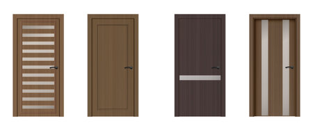 3d wooden realistic front door design isolated. Wood modern entrance in brown collection. House gate frame with metal handle closeup mockup asset set. Closed exit various doorframe mock upのイラスト素材