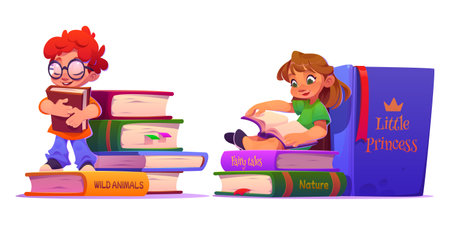 Cute kids reading books set isolated on white background. Vector cartoon illustration of smart boy in eyeglasses hugging textbook, nice girl enjoying fairy tale, school education, library leisureのイラスト素材