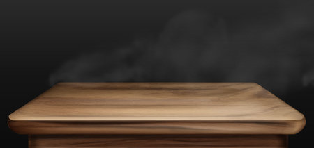 Wooden table with smoke. Wood texture dining desk surface and realistic steam backdrop. 3d rustic display board side view for presentation design. Cafe countertop show stand with blank space and fogのイラスト素材