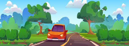Car road trip to drive in summer landscape cartoon. Highway for vehicle and nature environment illustration. Adventure journey and freeway weekend tourism on red automobile via forest scene bannerのイラスト素材