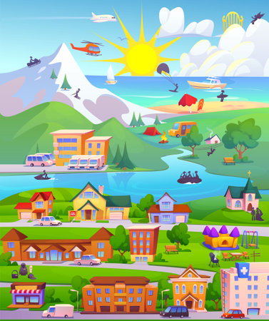 Mountain city map with street road, building and car. Town plan with park, school, playground and route to beach near sea. Urban hill landscape view to navigate in game perspective background designのイラスト素材