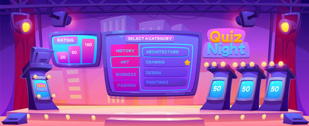 Quiz tv show stage with contest participants and presenter platforms, screen with challenges and ratings, spotlights. Cartoon vector illustration of studio room interior with stage for trivia game.のイラスト素材