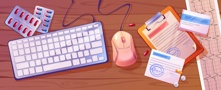 Doctor workplace top view. Vector cartoon illustration of computer keyboard and mouse on wooden desk, blister with pills and tablets, paper prescriptions, medical records on table, healthcare servicesのイラスト素材