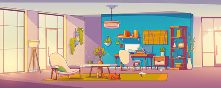 Home work space interior. Office desk in flat design background. Computer, modern furniture and monitor for indoor workplace with window. Empty freelance or study house organization with cat and decorのイラスト素材
