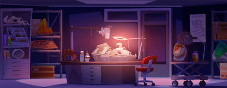 Archaeologist lab room with dinosaur fossil vector cartoon. Scientist laboratory with desk on wheels, dino bone, lamp and magnifier equipment to research and study extinction animal illustrationのイラスト素材