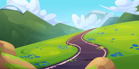 Winding road on mountain background. Vector cartoon illustration of curvy highway on green hill with grass and summer flowers, glacier on rocky peaks, fluffy clouds in blue sky, travel game backdropのイラスト素材