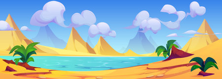 Desert landscape with dunes and lake. Cartoon vector illustration of empty drought sand scenery with hills, water pond or river with bushes on shore, blue sky with clouds on sunny summer day.のイラスト素材