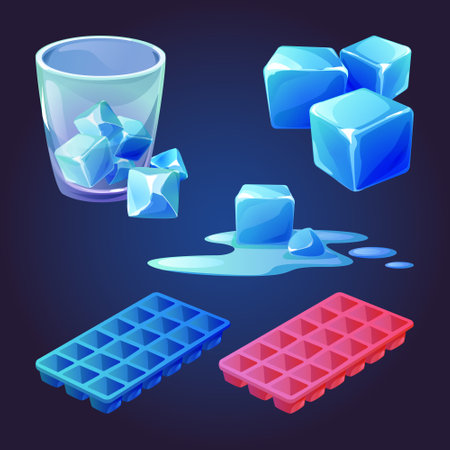 Ice cube tray vector. Melt water mold cartoon icon. Container for solid square icecube. Plastic block and frosty element for food or drink in summer. Isometric freezing form and puddle drawing setのイラスト素材