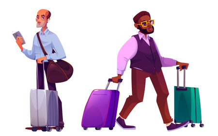 Businessman with baggage set isolated on white background. Vector cartoon illustration of man in business suit with smartphone and suitcase, african male passenger carrying luggage, travel charactersのイラスト素材