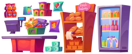 Supermarket interior design elements set isolated on white background. Vector cartoon illustration of grocery store furniture, beverage bottles in fridge, bread on shelf, cash register, food packagesのイラスト素材