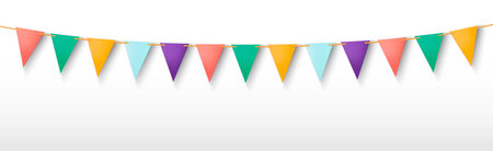 Party garland with triangle flags isolated on white background. Vector realistic illustration of birthday, anniversary, carnival decoration banner with dotted and striped color pennants on stringのイラスト素材