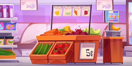 Supermarket interior design. Vector cartoon illustration of food store, grocery shop shelves with jars and packages, wooden box with fresh organic fruit and vegetables, fish in glass refrigeratorのイラスト素材