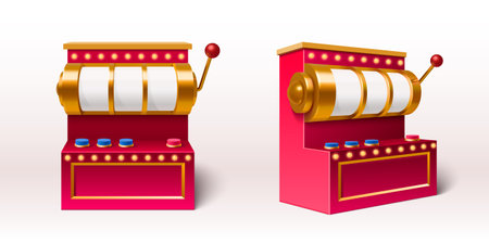 3d slot machine set in different angles of view. Realistic vector illustration of red casino jackpot gambling device with wheel and golden handle lever. Retro lucky bandit for fortune chance concept.のイラスト素材