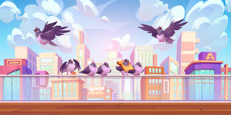Pigeon on city business building rooftop vector. Modern skyline scape with bird sitting on roof illustration. Funny dove on house terrace with wood floor. Blue sky and residential construction facadeのイラスト素材