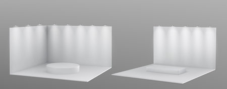 Booth stand with walls and floor, platform and spotlights 3d mockup. Realistic vector illustration set of white studio or exhibition room interior template for products display on tradeshow event.のイラスト素材