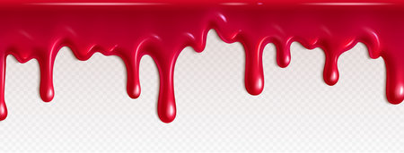 Red jam drip. Strawberry syrup liquid flow texture. Melt raspberry jelly fluid design. Isolated sweet pink realistic marmalade molten border. Falling wave effect with tasty dessert stream flowingのイラスト素材