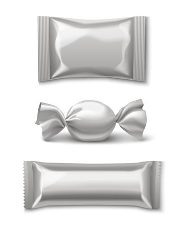 Candy foil package mockup. Realistic 3d vector illustration set of sweet dessert pack. template of blank grey polyethylene wrapper packet for chocolate, waffle and bonbon caramel confectionery.のイラスト素材