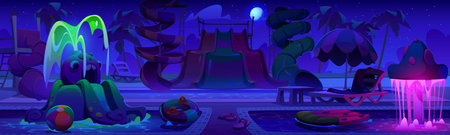 Night summer waterpark with slide cartoon. Water park with swimming pool and child playground on resort. Amusement summertime environment with pipe, inflatable lifebuoy ring and neon glow fountainのイラスト素材