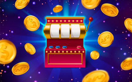 3d casino slot machine with lever handle for jackpot game background. Lucky wheel reel for coin. Roulette fortune spin banner for online gamble lottery. Blank retro luck bar to play with buttonのイラスト素材