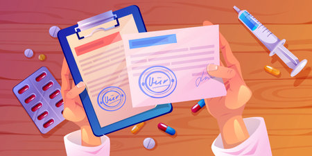 Doctor hand on desk in healthcare hospital vector. Patient research and treatment with professional physician. Nurse workplace with laboratory check document for prescription. Pill and syringe toolsのイラスト素材