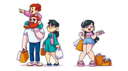 Woman and man character with shop bag after mall. Happy family shopper purchase gift in retail store. Couple with child and teenager carry package with present isolated icon set on white backgroundのイラスト素材