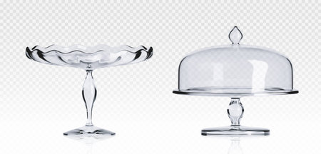 3d glass cake stand. Plate with dome cover for dessert. Crystal platter tray for pie or cookie display. Transparent glossy glassware dish showcase for bakery or restaurant pastry presentation.のイラスト素材