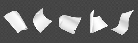 3d white fly paper sheet. Fall isolated document. Blank falling realistic letter set mockup. Curl office a4 notebook shape template design. Empty corporate post or paperwork in air abstract mock up.のイラスト素材