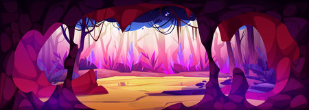 Magic forest landscape and fantasy tree cave view cartoon background. Dark nature environment scene in jungle wood garden with dense plant and vine. Mystery fairytale scenery for wild adventureのイラスト素材