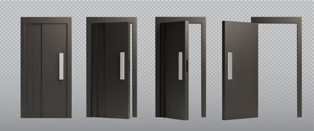 3d open and close house or office front door frame. Realistic black ajar doorframe with handle asset lock and welcome. Closed wooden exit for opportunity elements. Dark shut way to living room designのイラスト素材