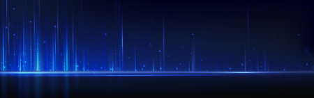 Blue light lines and sparkles on black background. Vector realistic illustration of vertical neon rays shimmering in darkness, magic winter flare effect, nightclub party decoration, concert backdropのイラスト素材