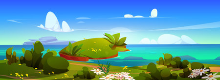 Summer seashore with flowers and green grass. Vector cartoon illustration of beach scenery with clear blue water, footpath along coast with lawn and bushes, clouds in sunny sky, travel backgroundのイラスト素材