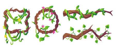 Liana vine frames and borders for game ui design. Cartoon vector illustration set of jungle helix plant branch with green climbing vegetation with leaves and flowers. Rainforest creeping tree parts.のイラスト素材
