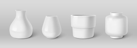 White ceramic vase and pot for flowers. Realistic 3d vector illustration set of different shape empty glossy porcelain bottle for home interior decoration. Plant holder classic pottery mockup.のイラスト素材